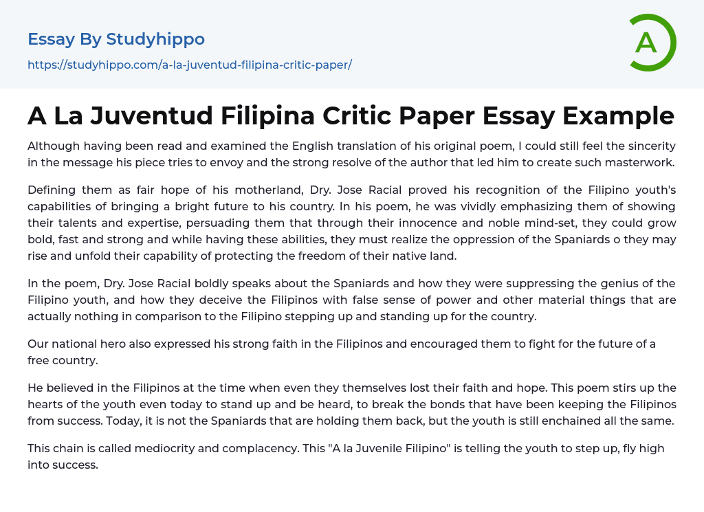 A La Juventud Filipina Critic Paper Essay Example