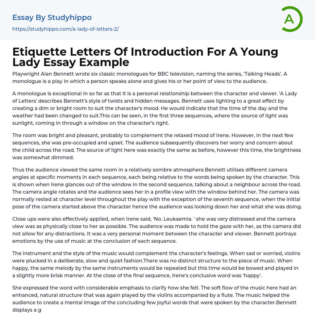 Etiquette Letters Of Introduction For A Young Lady Essay Example