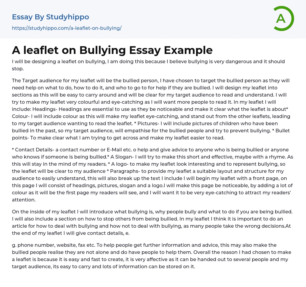 A leaflet on Bullying Essay Example