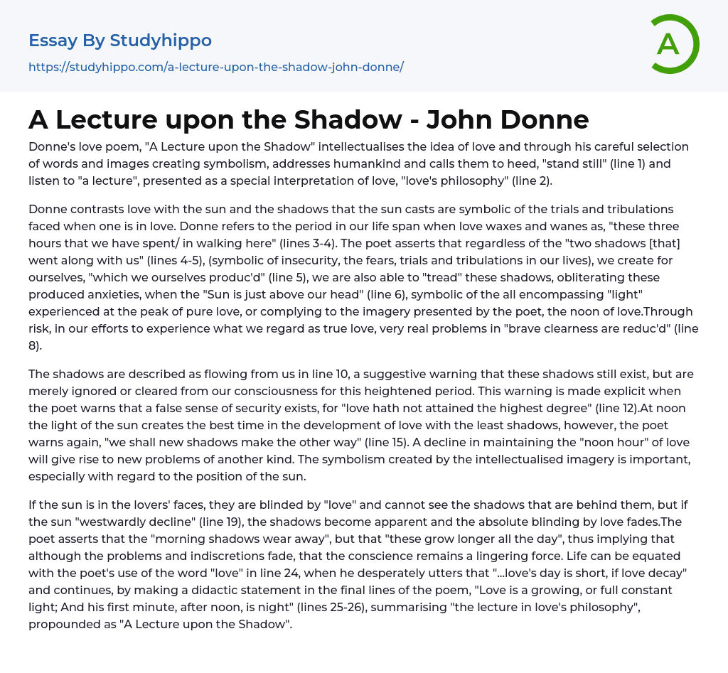 A Lecture upon the Shadow – John Donne Essay Example