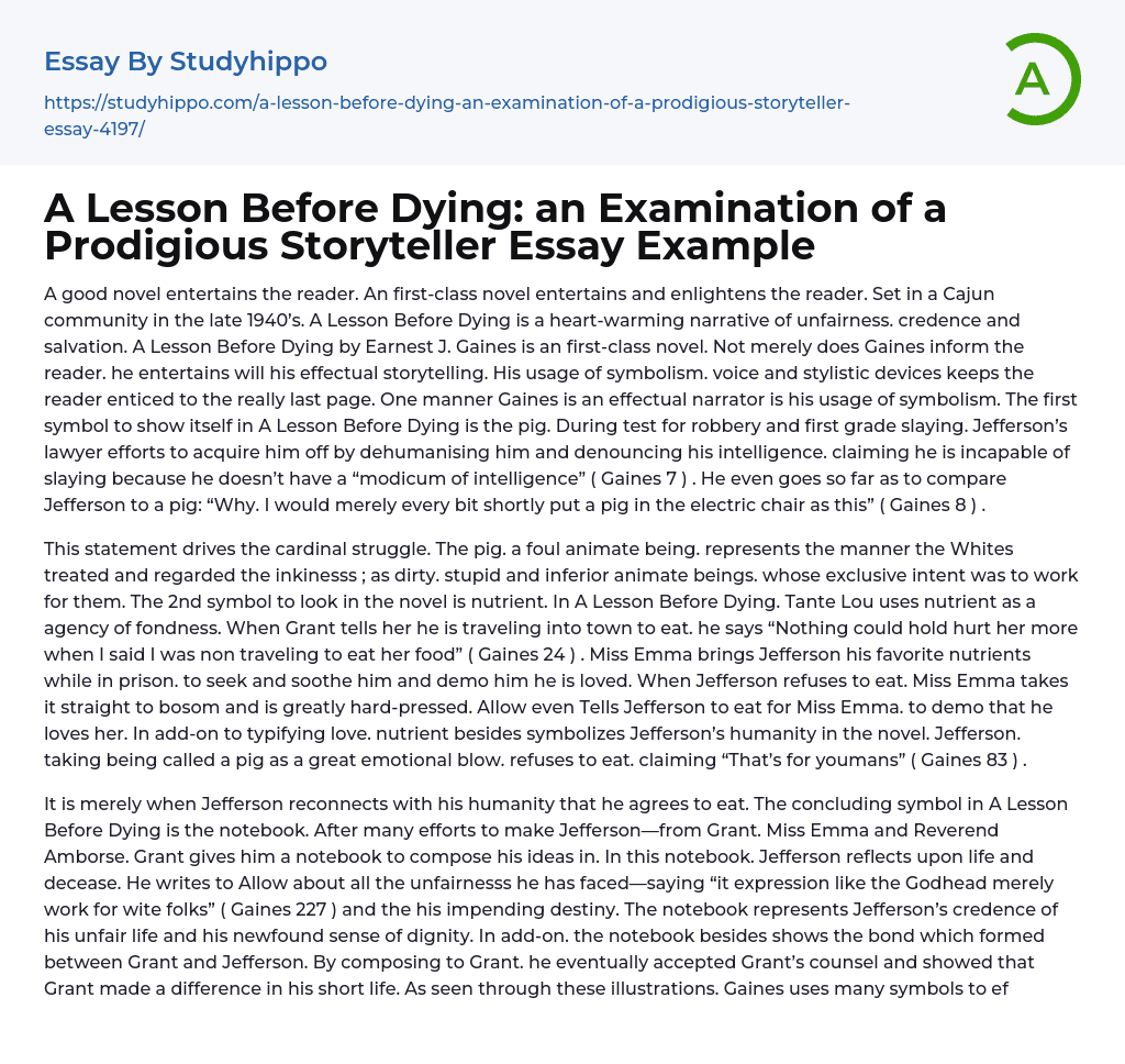 A Lesson Before Dying: an Examination of a Prodigious Storyteller Essay Example