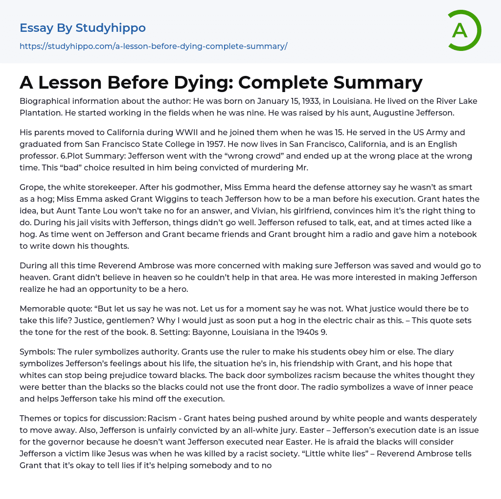 A Lesson Before Dying: Complete Summary Essay Example