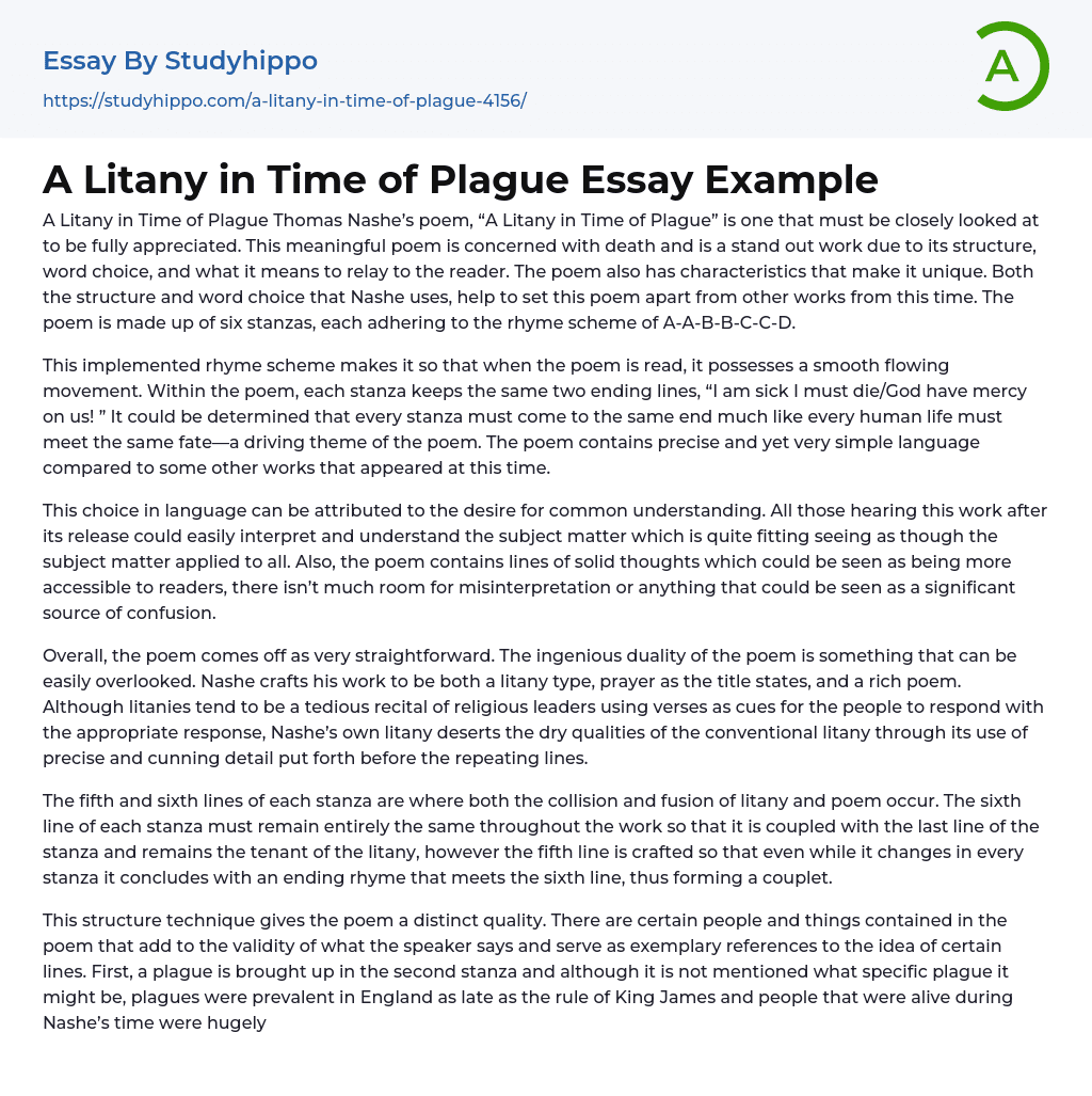 A Litany in Time of Plague Essay Example