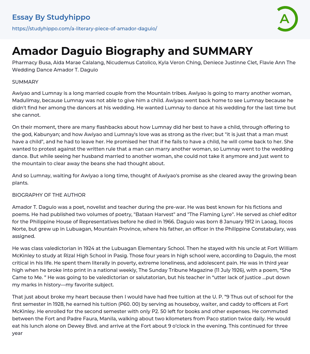 Amador Daguio Biography and SUMMARY Essay Example