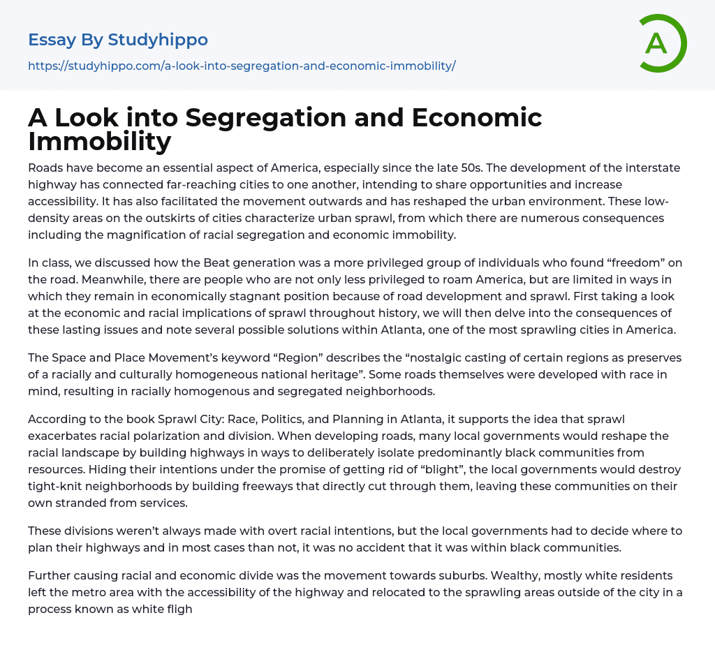 A Look into Segregation and Economic Immobility Essay Example