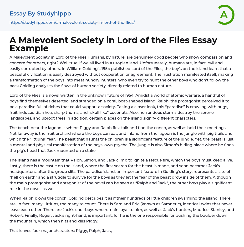 A Malevolent Society in Lord of the Flies Essay Example