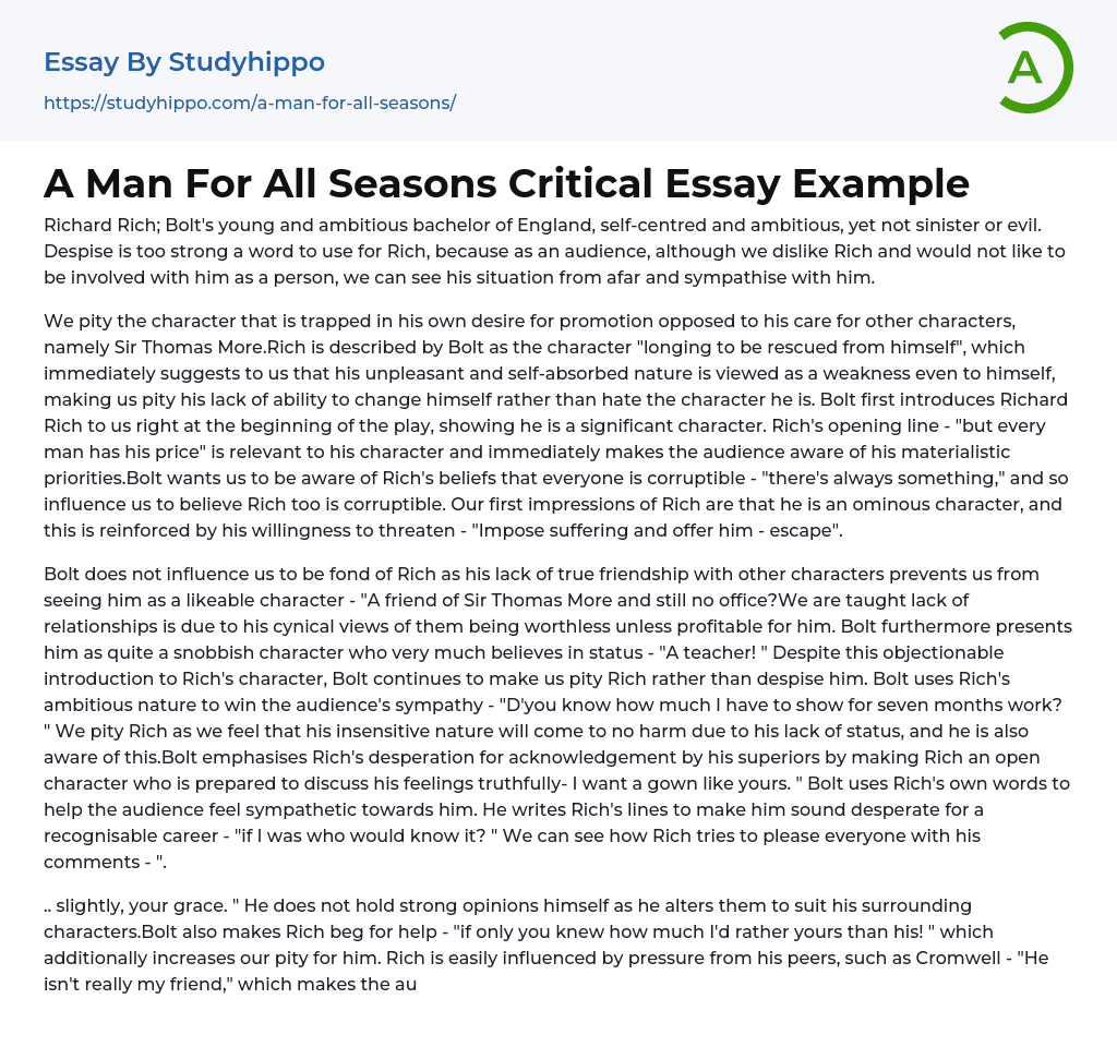A Man For All Seasons Critical Essay Example