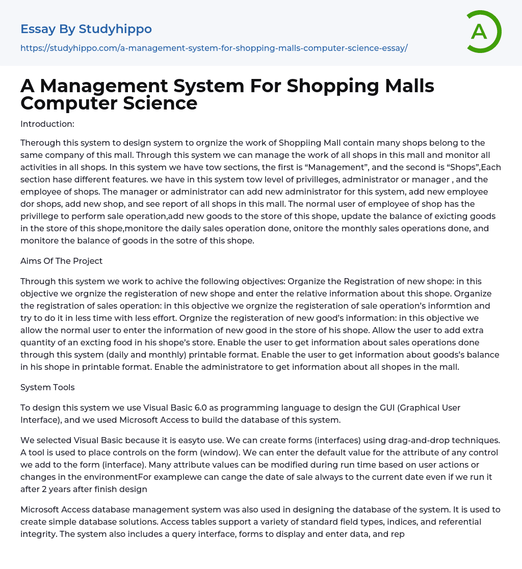 A Management System For Shopping Malls Computer Science Essay Example