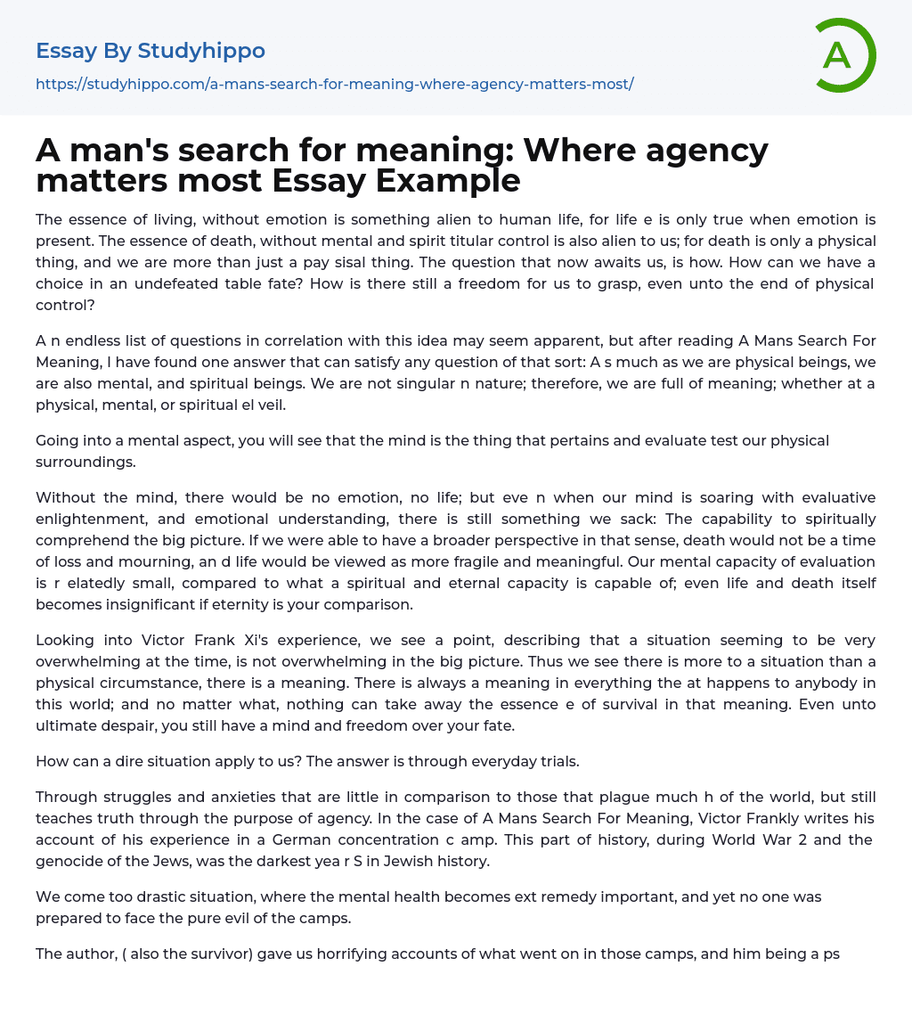 A man’s search for meaning: Where agency matters most Essay Example