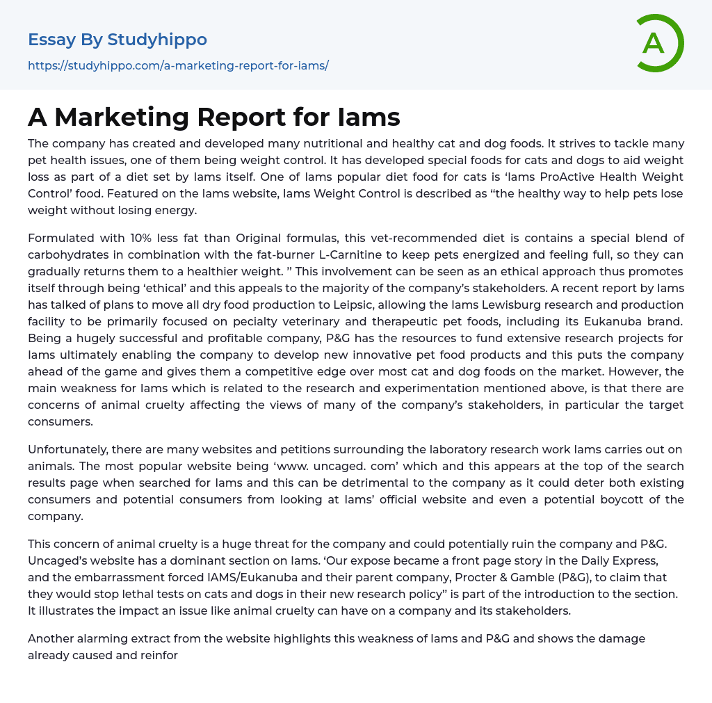 A Marketing Report for Iams Essay Example