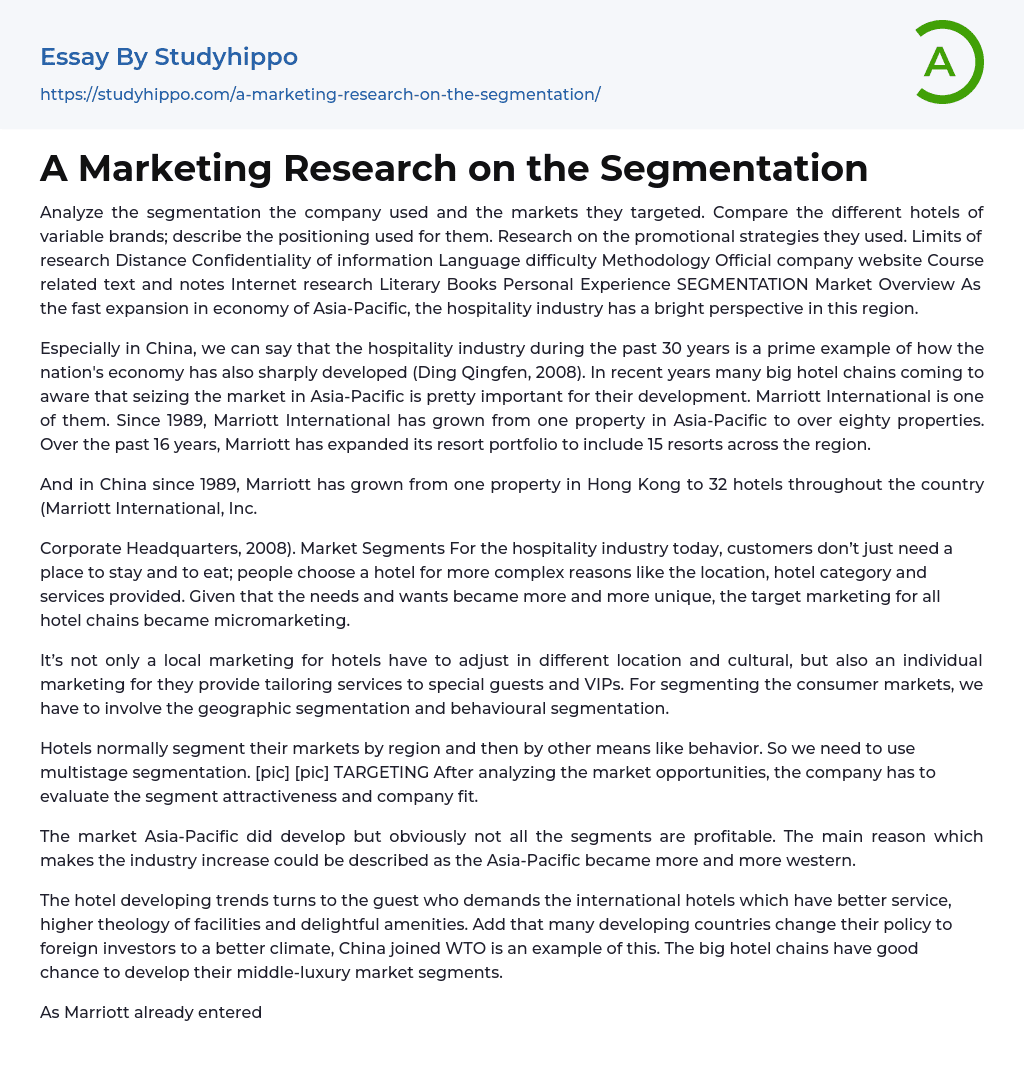 A Marketing Research on the Segmentation Essay Example