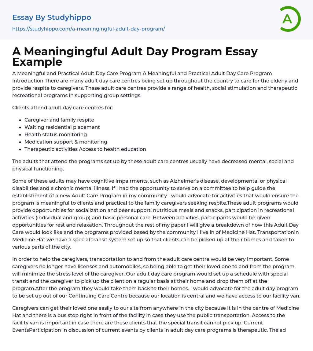 A Meaningingful Adult Day Program Essay Example