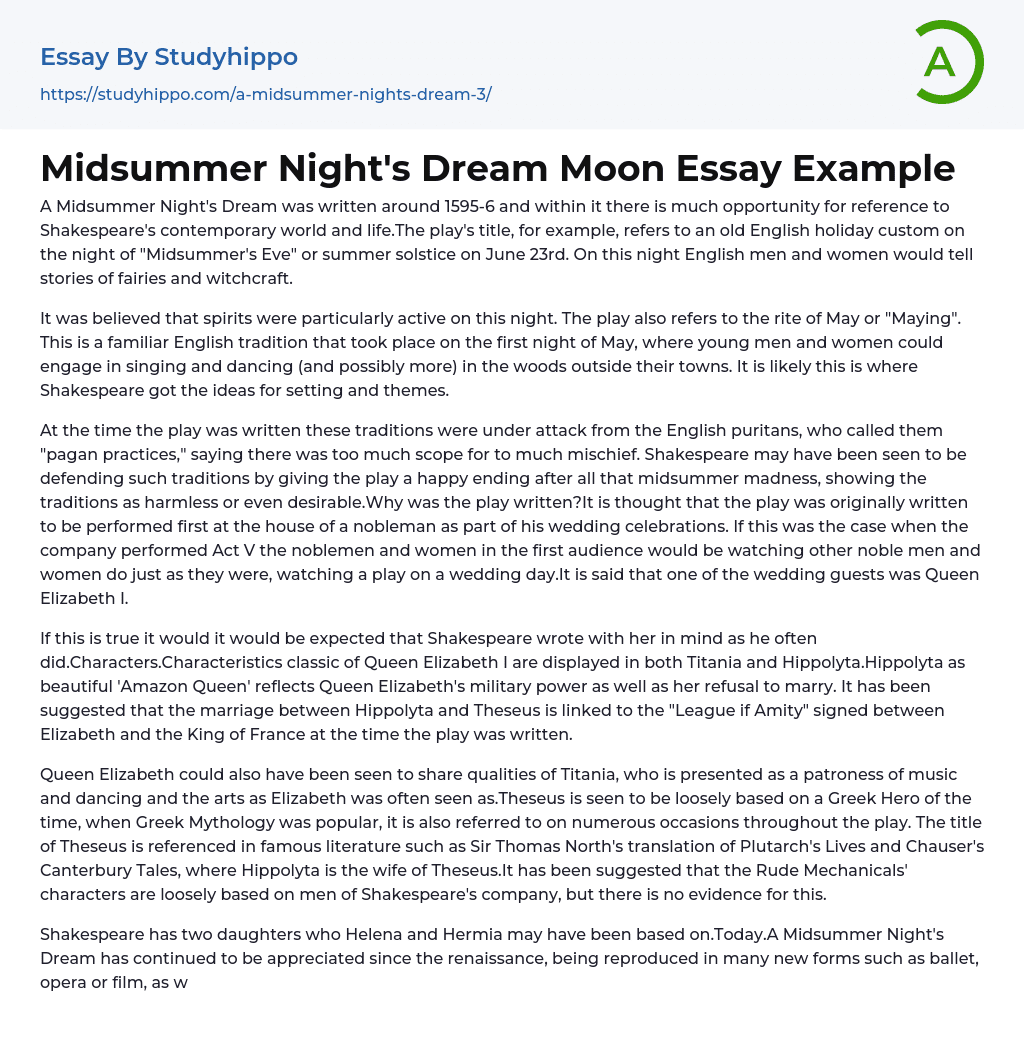 Midsummer Night’s Dream Moon Essay Example