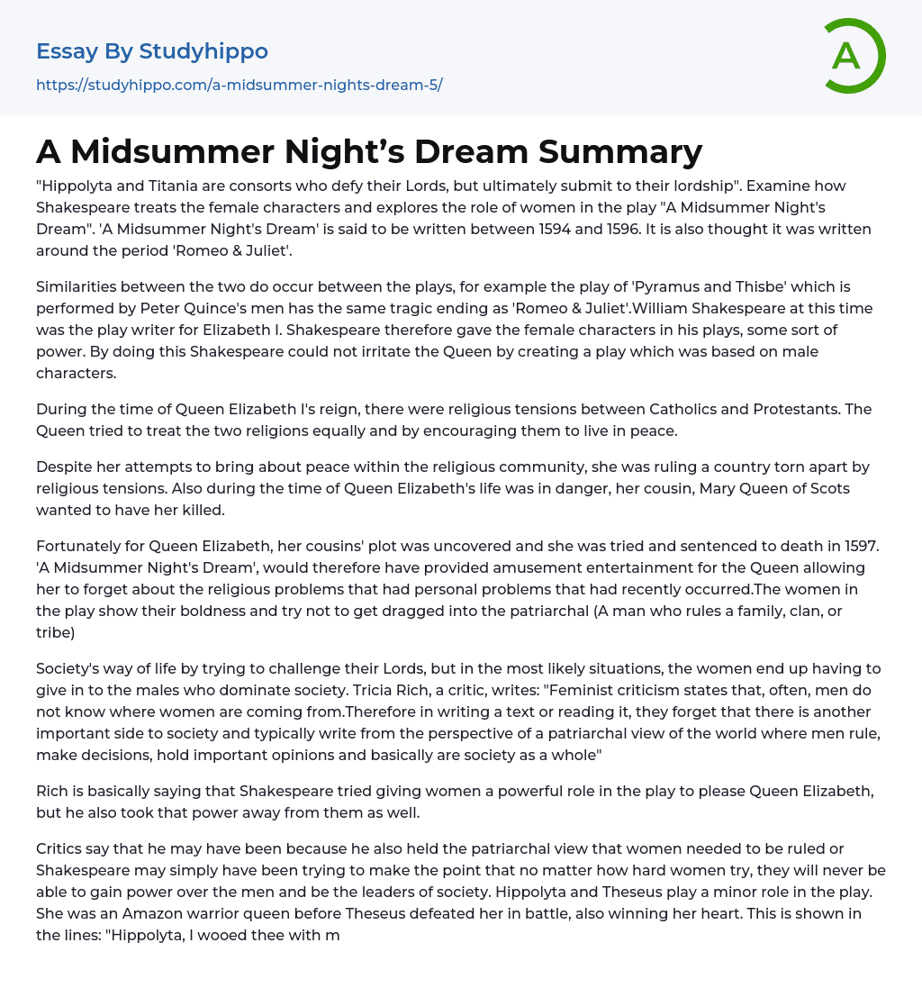 A Midsummer Night’s Dream Summary Essay Example
