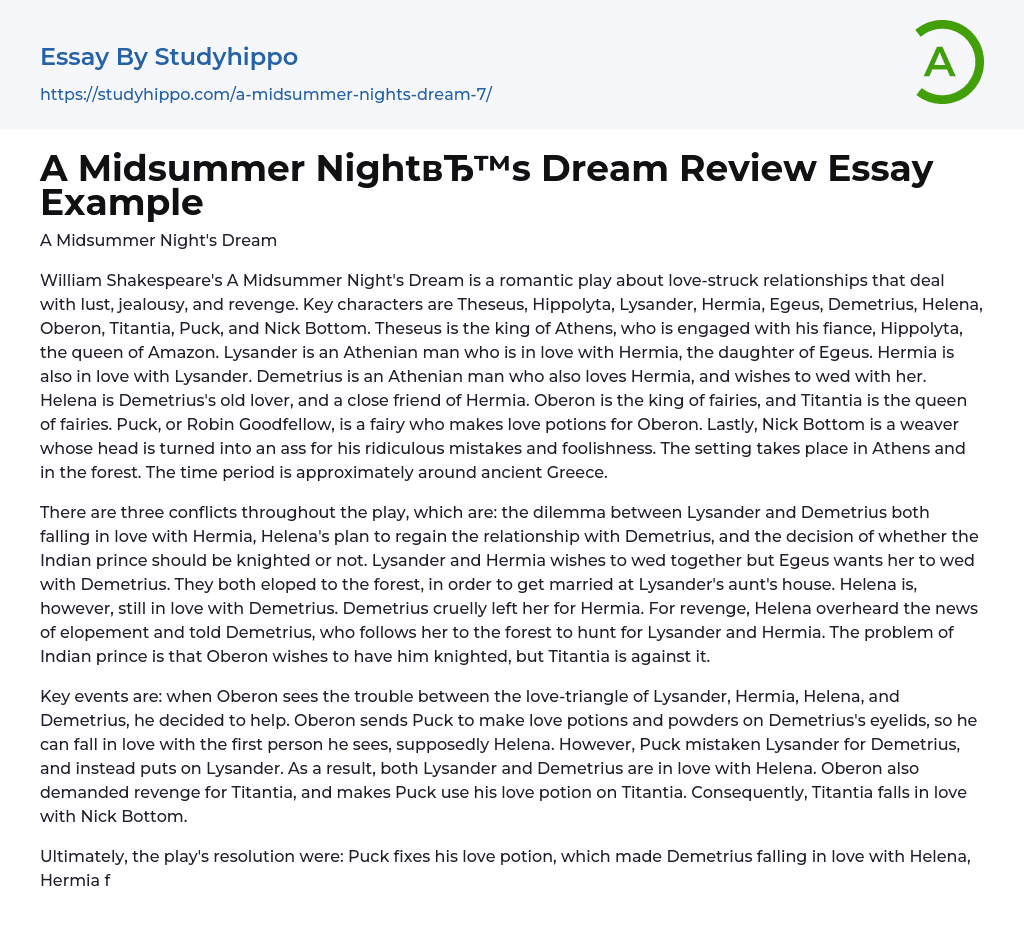 A Midsummer Night’s Dream Review Essay Example