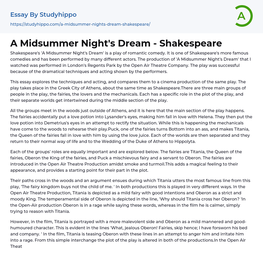 A Midsummer Night’s Dream – Shakespeare Essay Example