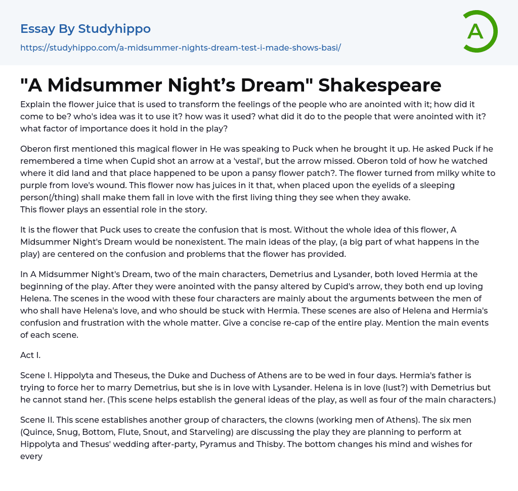 “A Midsummer Night’s Dream” Shakespeare Essay Example