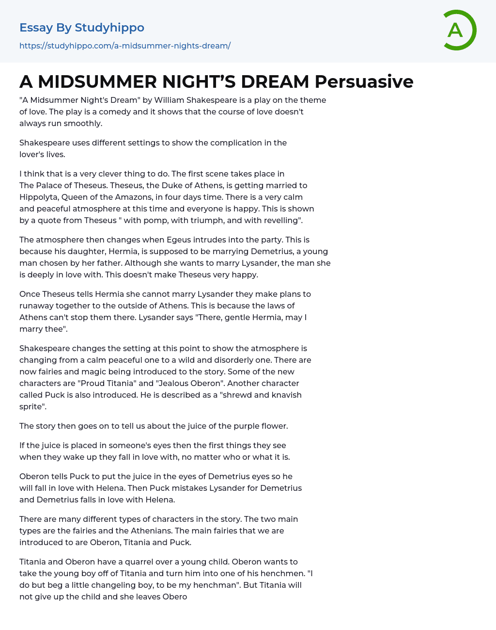 A MIDSUMMER NIGHT’S DREAM Persuasive Essay Example