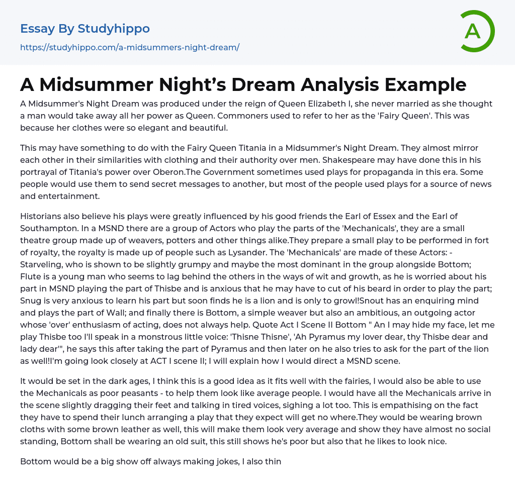 A Midsummer Night’s Dream Analysis Example Essay Example