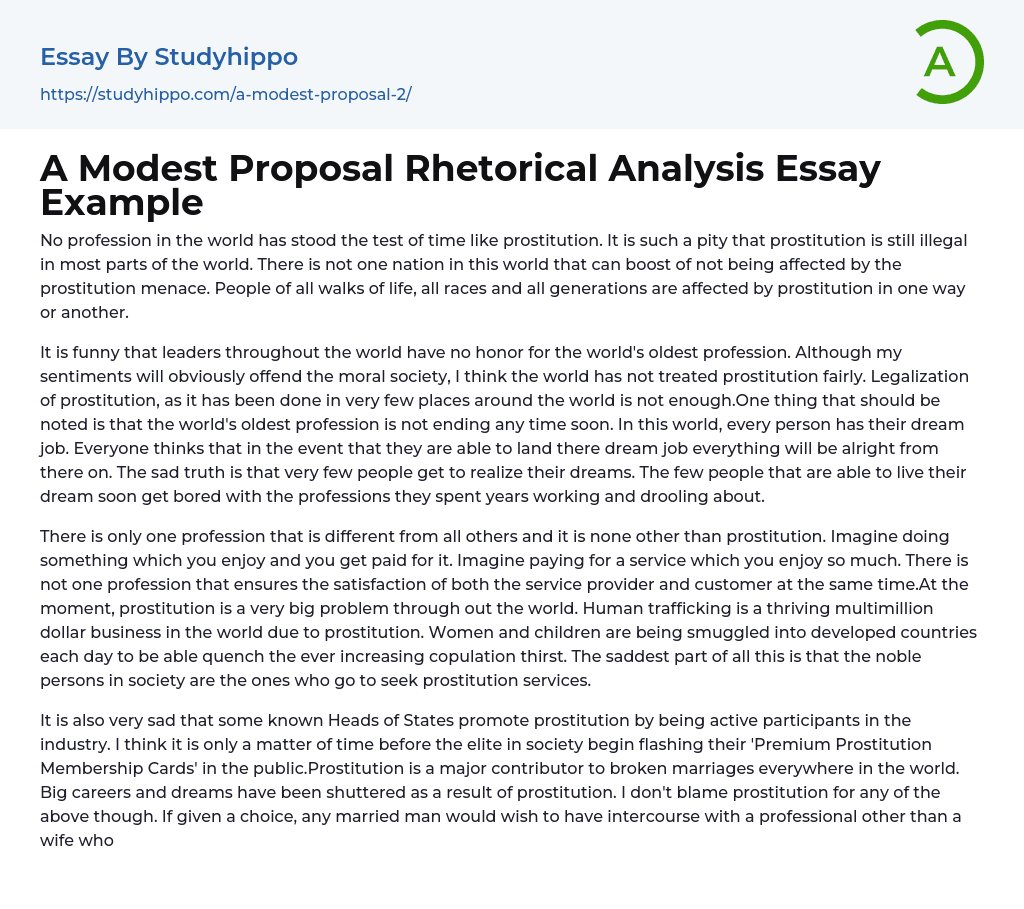A Modest Proposal Rhetorical Analysis Essay Example