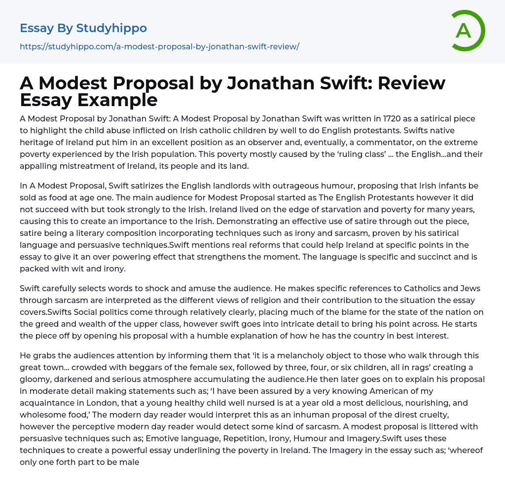 A Modest Proposal by Jonathan Swift: Review Essay Example