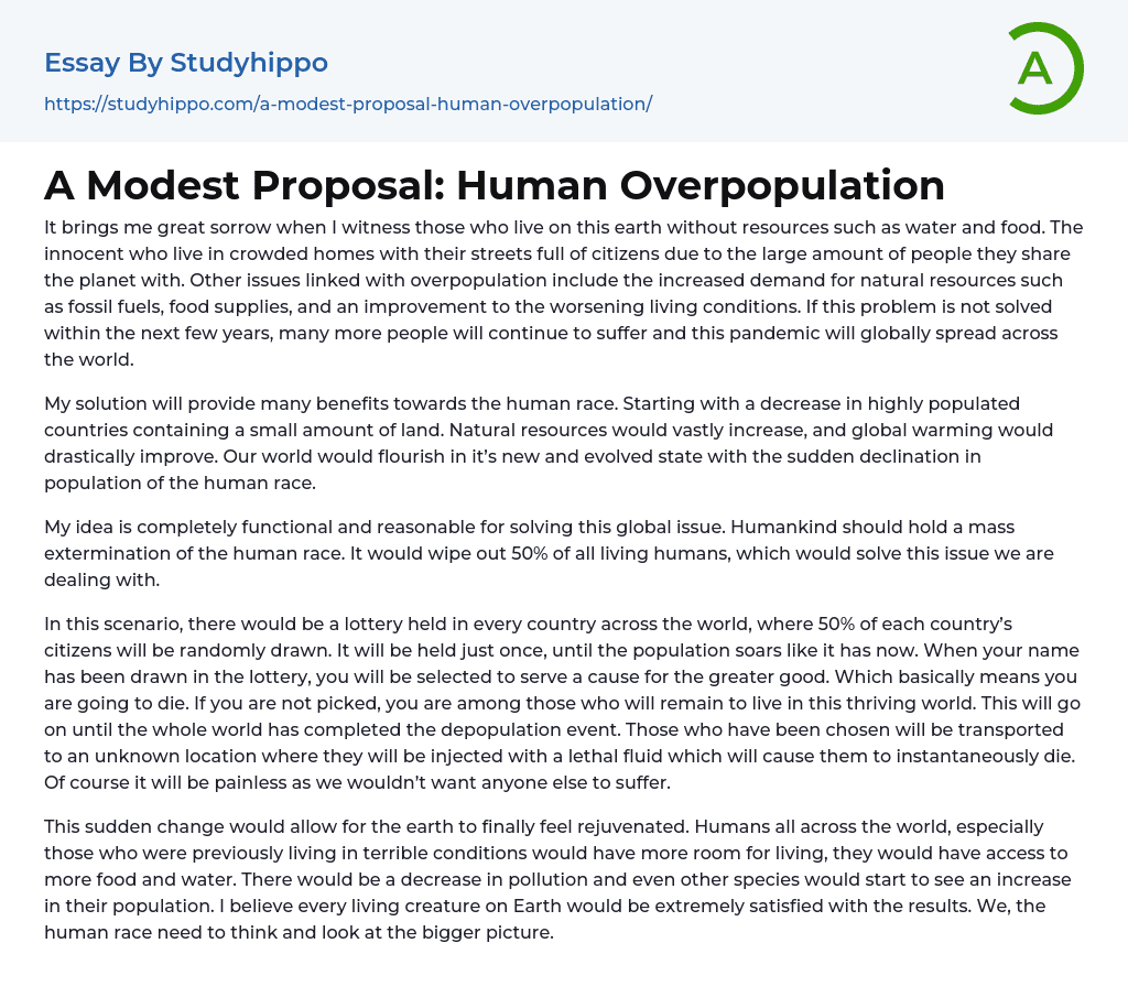 A Modest Proposal: Human Overpopulation Essay Example