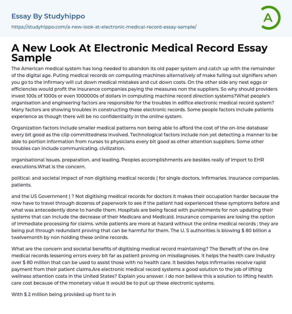A New Look At Electronic Medical Record Essay Sample