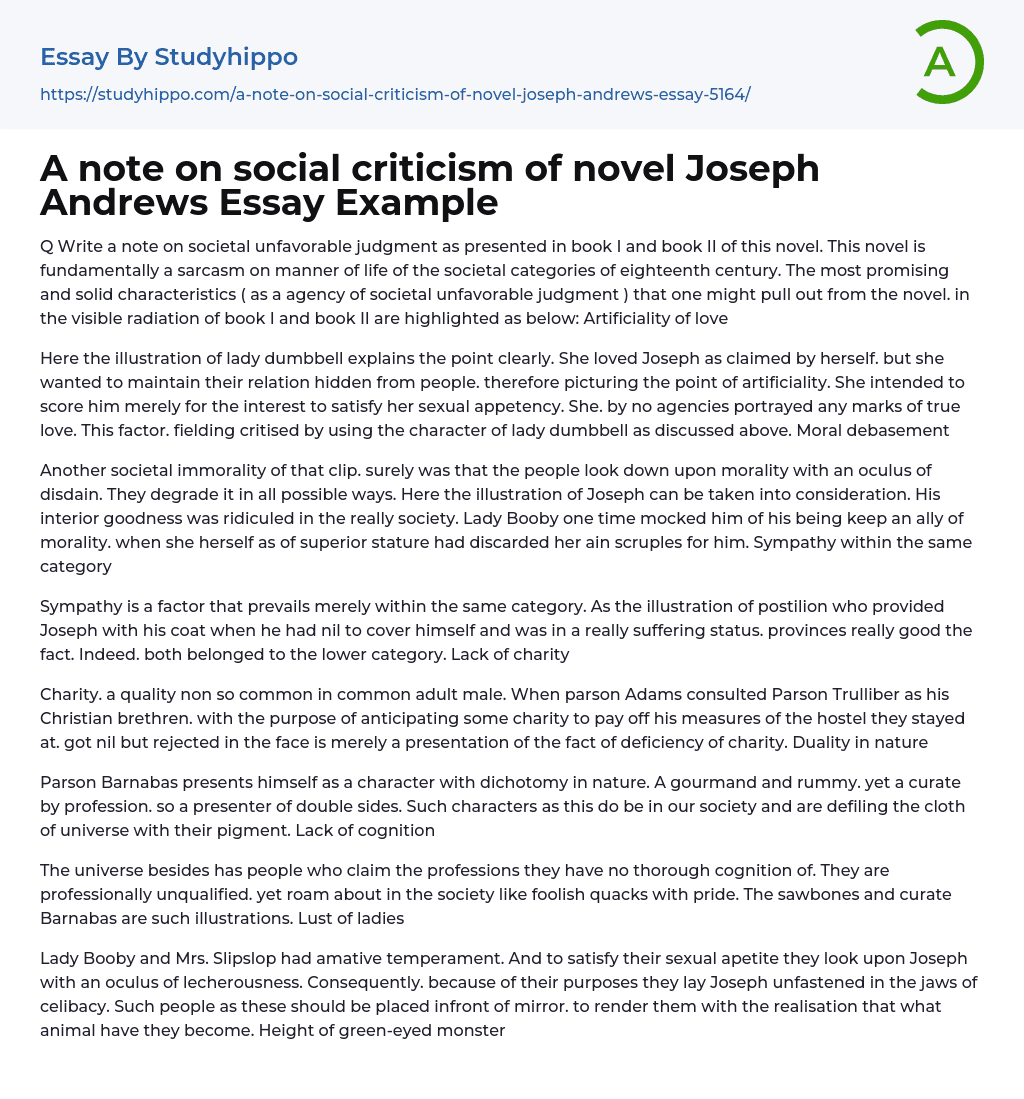 A note on social criticism of novel Joseph Andrews Essay Example