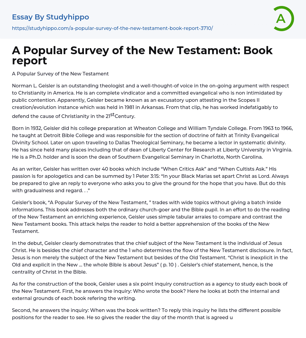 A Popular Survey of the New Testament: Book report Essay Example
