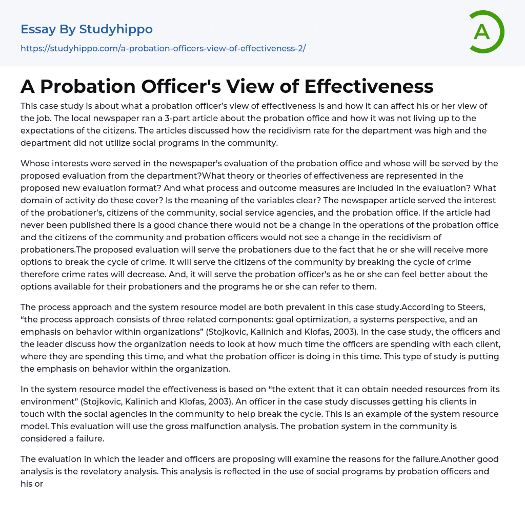 A Probation Officer’s View of Effectiveness Essay Example