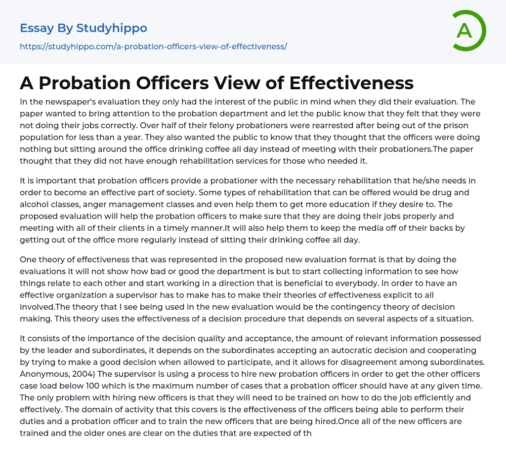 A Probation Officers View of Effectiveness Essay Example