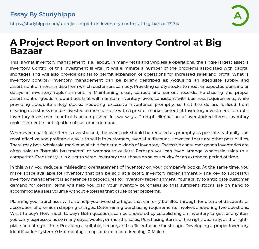 A Project Report on Inventory Control at Big Bazaar Essay Example
