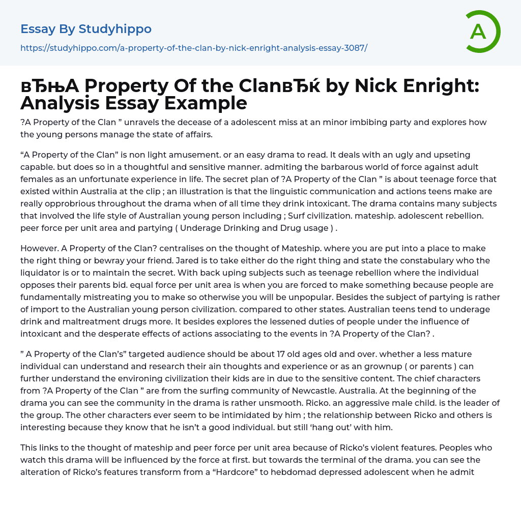 “A Property Of the Clan” by Nick Enright: Analysis Essay Example