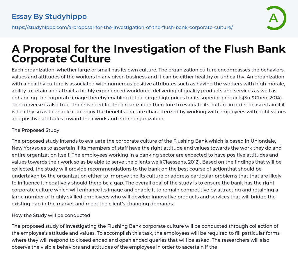 A Proposal for the Investigation of the Flush Bank Corporate Culture Essay Example