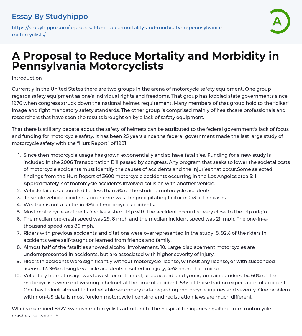 A Proposal to Reduce Mortality and Morbidity in Pennsylvania Motorcyclists Essay Example