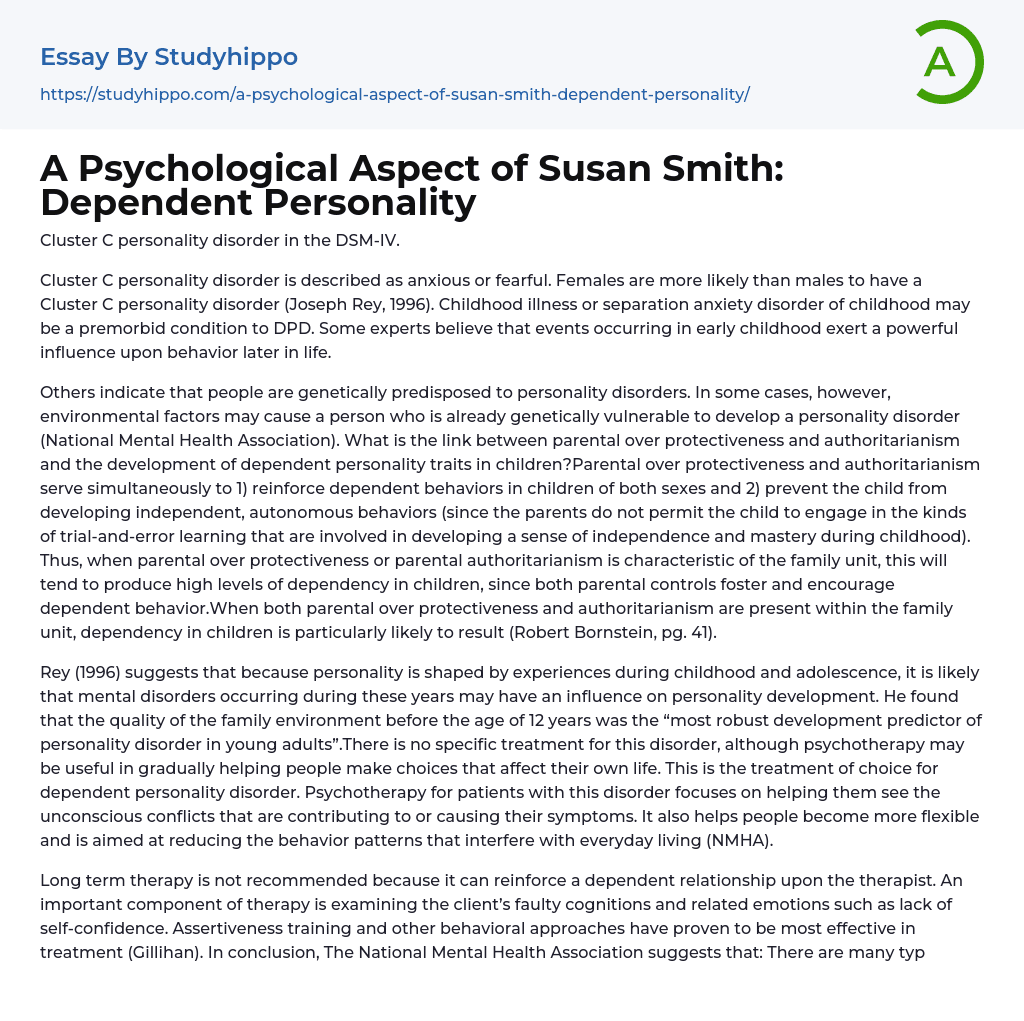 A Psychological Aspect of Susan Smith: Dependent Personality Essay Example