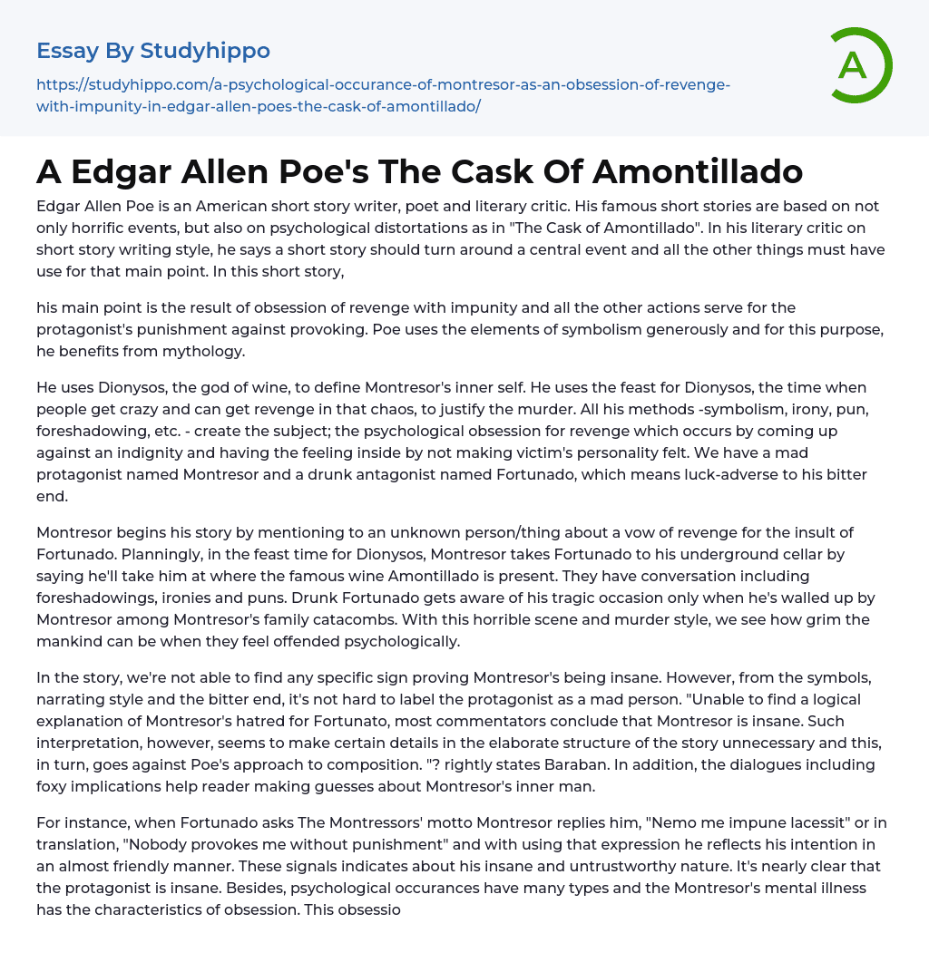 A Edgar Allen Poe’s The Cask Of Amontillado Essay Example