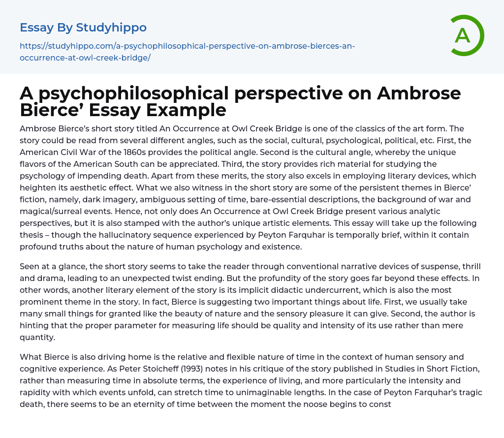 A Psychophilosophical Perspective on Ambrose Bierce Essay Example