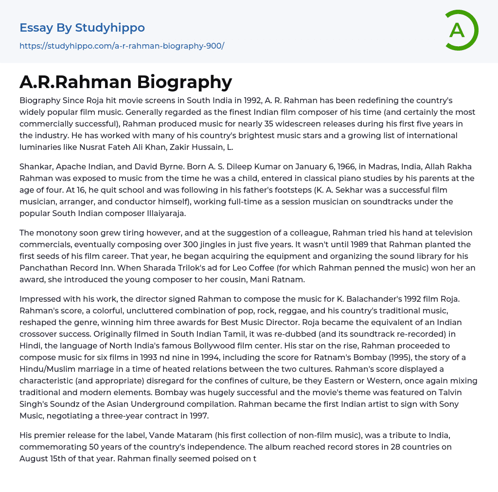 A.R.Rahman Biography Essay Example