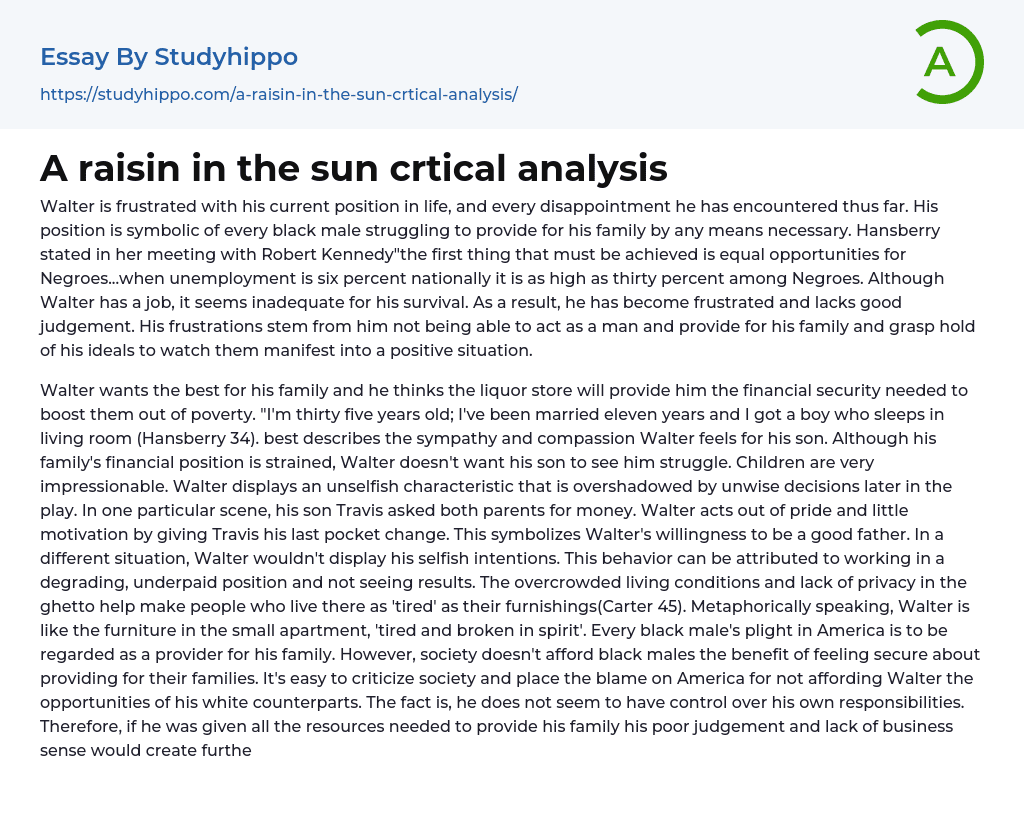A raisin in the sun crtical analysis Essay Example
