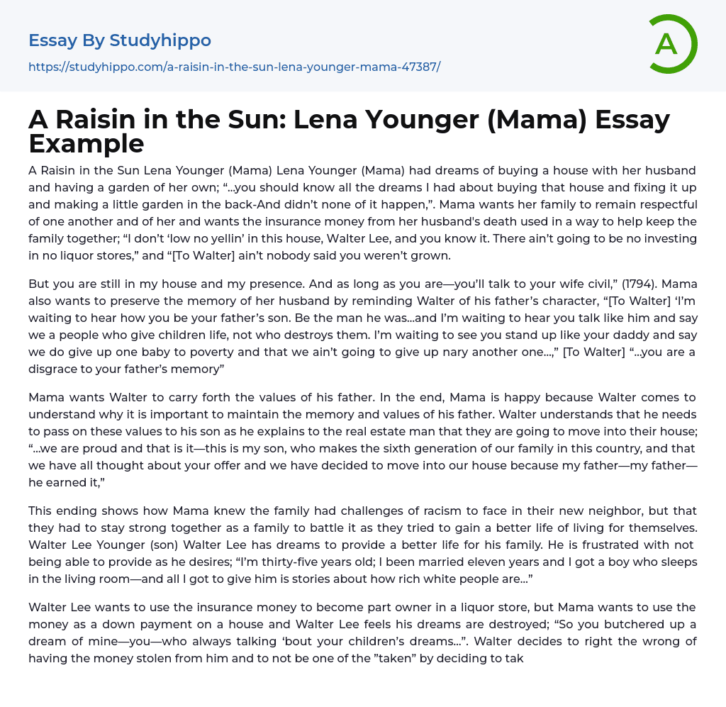 A Raisin in the Sun: Lena Younger (Mama) Essay Example