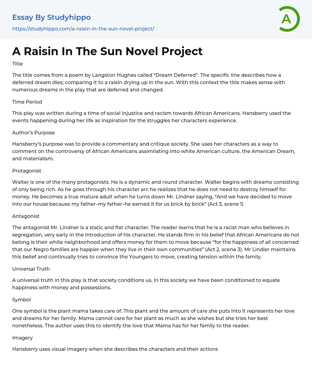 A Raisin In The Sun Novel Project Essay Example