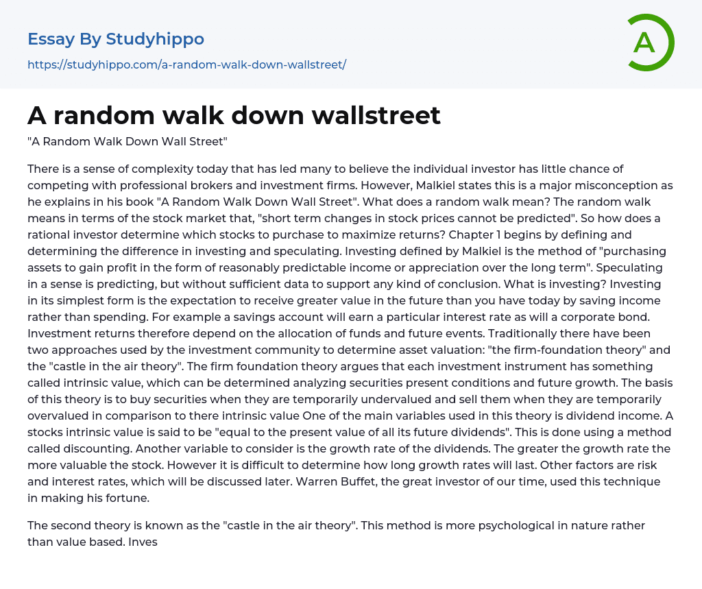 A random walk down wallstreet Essay Example