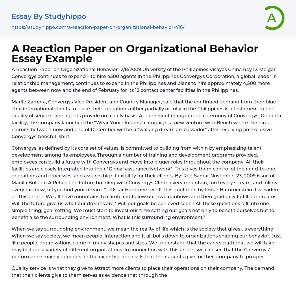 A Reaction Paper on Organizational Behavior Essay Example