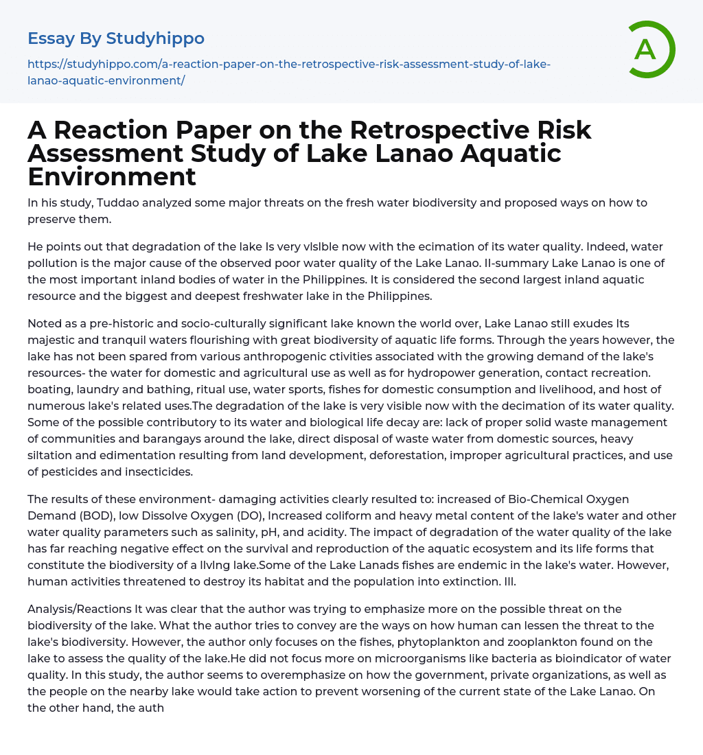 Preserving Fresh Water Biodiversity in Lake Lanao
