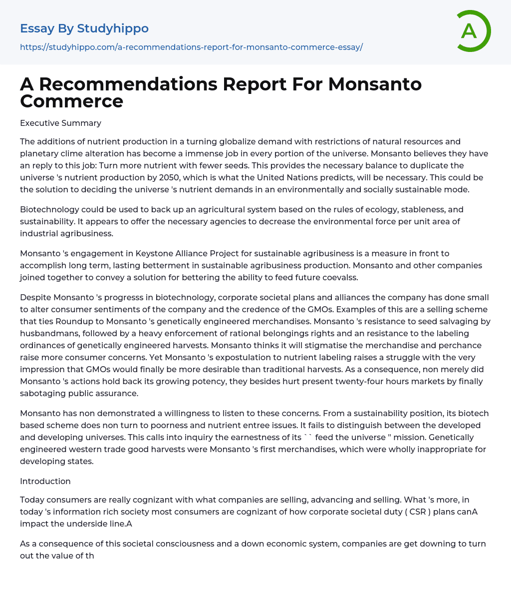 A Recommendations Report For Monsanto Commerce Essay Example
