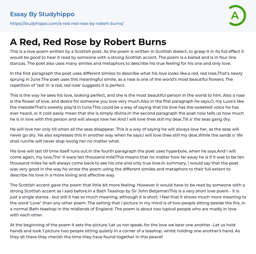 A Red, Red Rose by Robert Burns Essay Example
