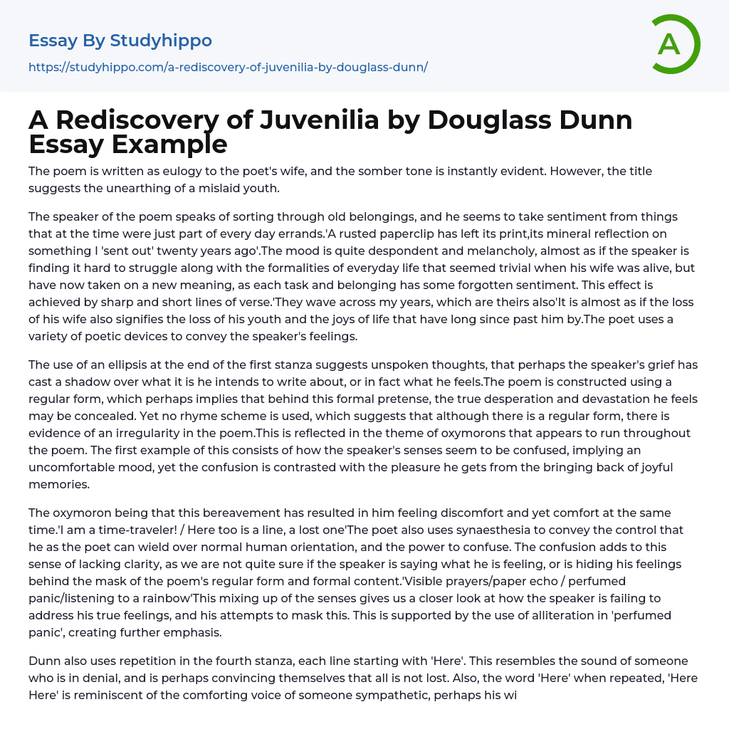 A Rediscovery of Juvenilia by Douglass Dunn Essay Example