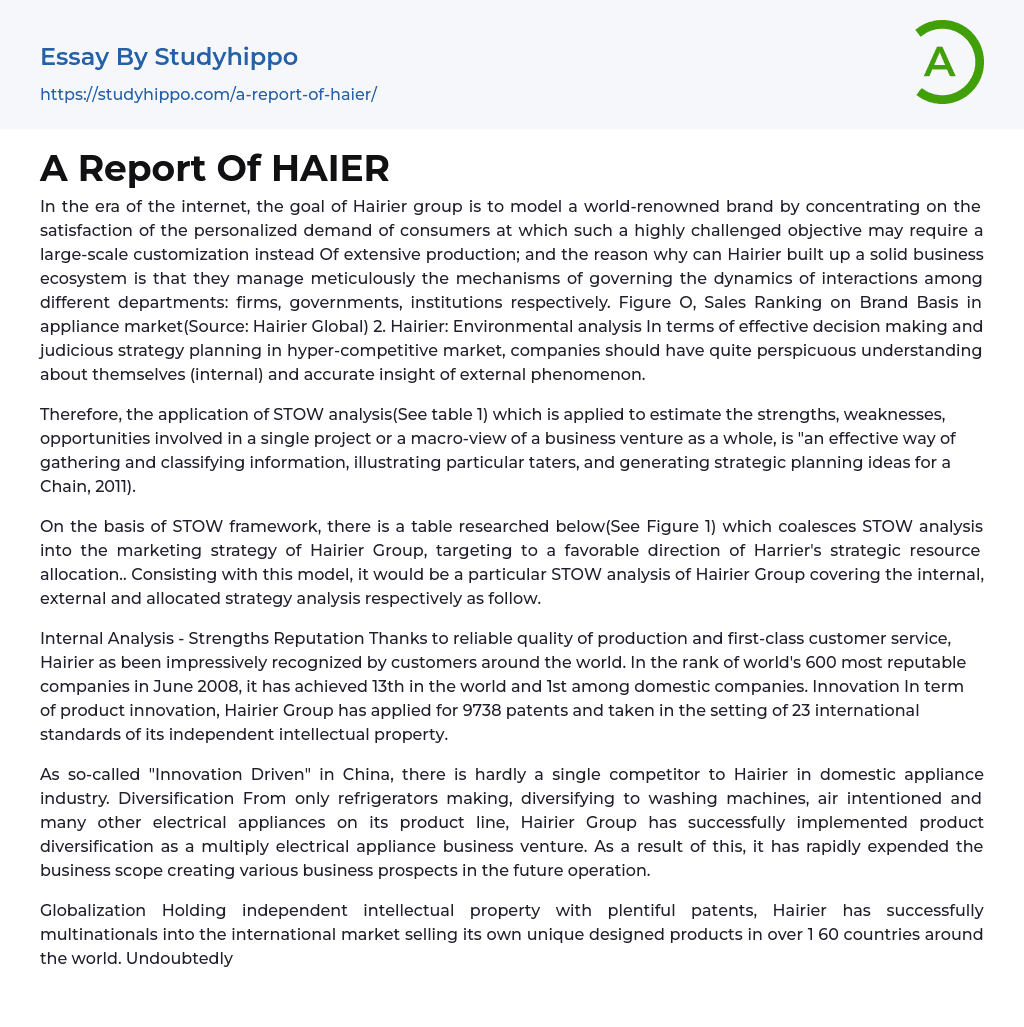 A Report Of HAIER Essay Example