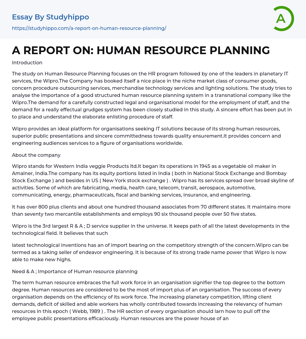 A REPORT ON: HUMAN RESOURCE PLANNING Essay Example